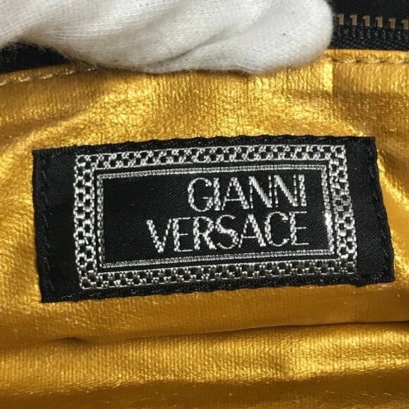 VERSACE vintage Logo Sunburst Tote Bag Chain Shoulder Bag Black/Gold - Picture 12 of 15